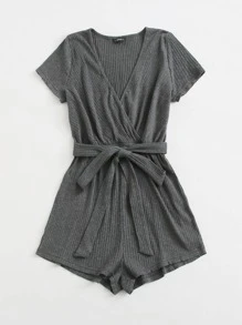 SHEIN EZwear Surplice Neck Self Belted Romper - Dark Grey - View 3