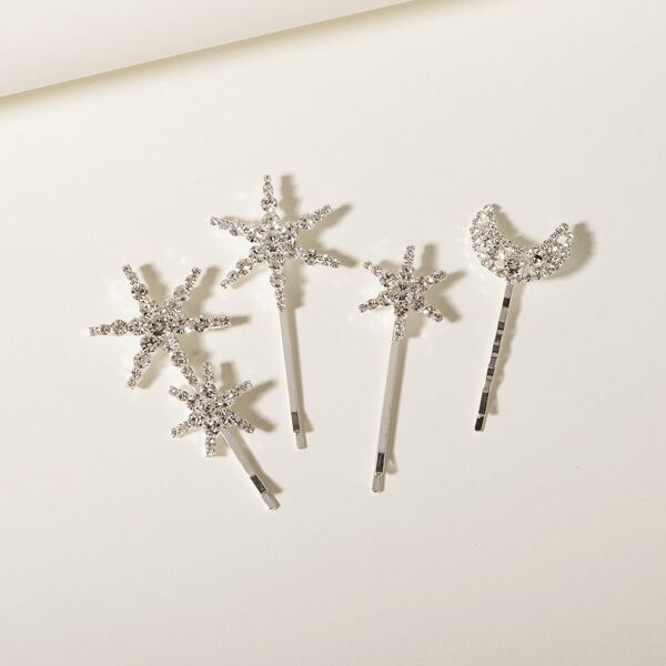 

4pcs Rhinestone Decor Star Moon Bobby Pin, Silver