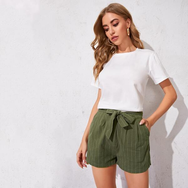 

Solid Tee & Striped Belted Shorts, Multicolor