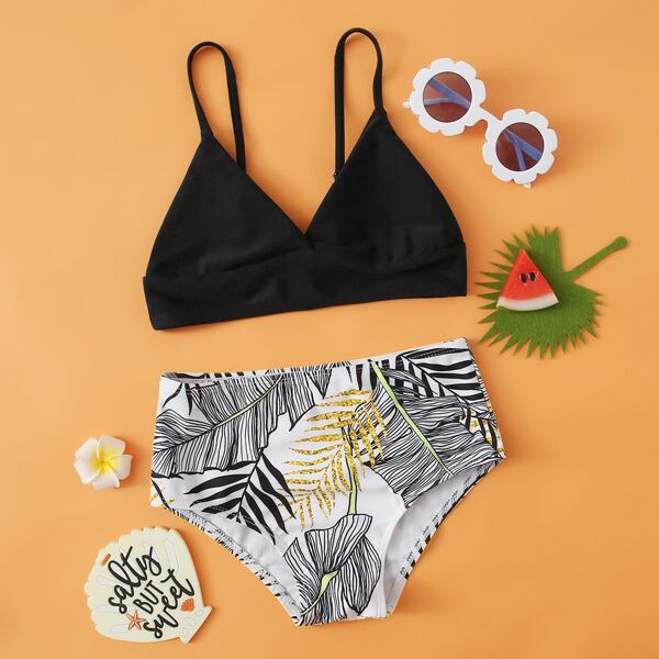 

Girls Tropical Print Bikini Swimsuit, Black and white
