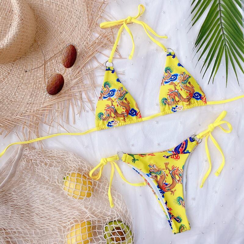 

Chinese Dragon Print Triangle Tie Side Bikini Swimsuit, Yellow