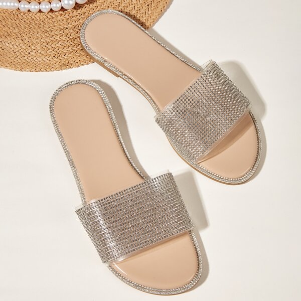 

Rhinestone Decor Slide Sandals, Beige