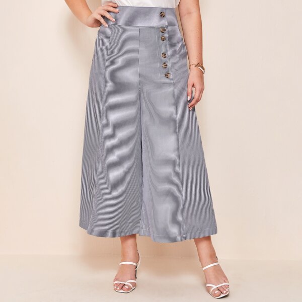 

Plus Pinstriped Button Front Wide Leg Pants, Blue and white
