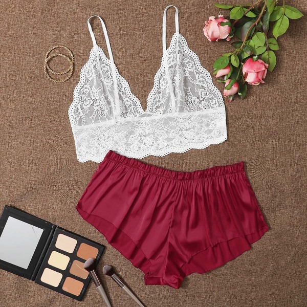 

Plus Floral Lace Bralette With Satin Shorts, Red and white