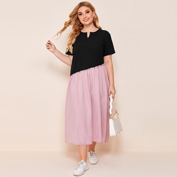 

Plus Notched Neck Frill Trim Spliced Dress, Multicolor