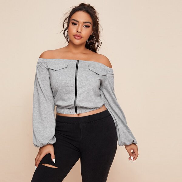 

Plus Lantern Sleeve Zip Up Bardot Sweatshirt, Light grey