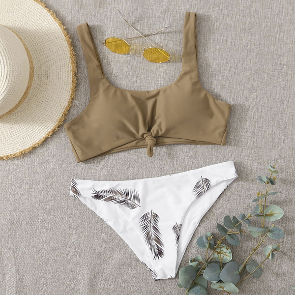

Palm Print Knot Hem Bikini Swimsuit, Multicolor