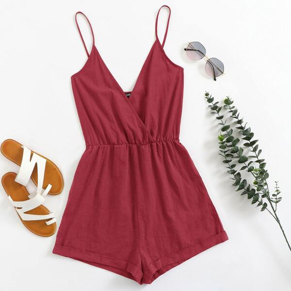

Surplice Neck Slip Romper, Rose red