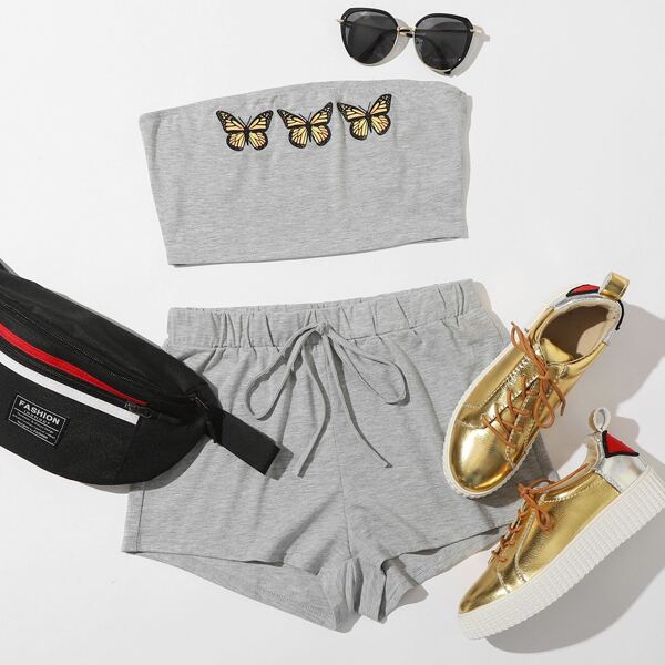 

Butterfly Print Crop Tube Top & Shorts Set, Grey