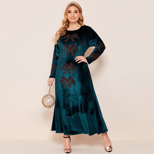 

Plus Bow Graphic Rhinestone Velvet Dress, Teal blue