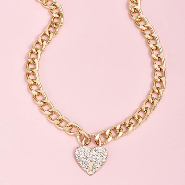 

Rhinestone Decor Heart Chain Necklace, Gold