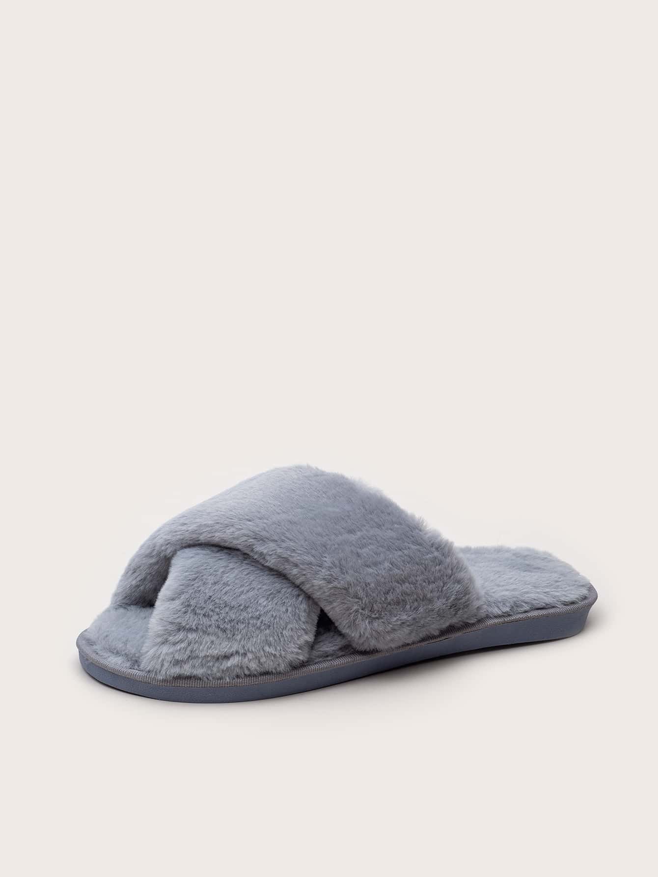 Criss Cross Fluffy Slippers - Grey - View 1
