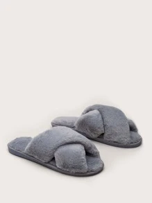 Criss Cross Fluffy Slippers - Grey - View 2