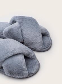 Criss Cross Fluffy Slippers - Grey - View 3