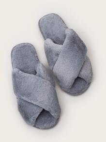 Criss Cross Fluffy Slippers - Grey - View 4