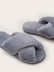 Criss Cross Fluffy Slippers - Grey - View 5