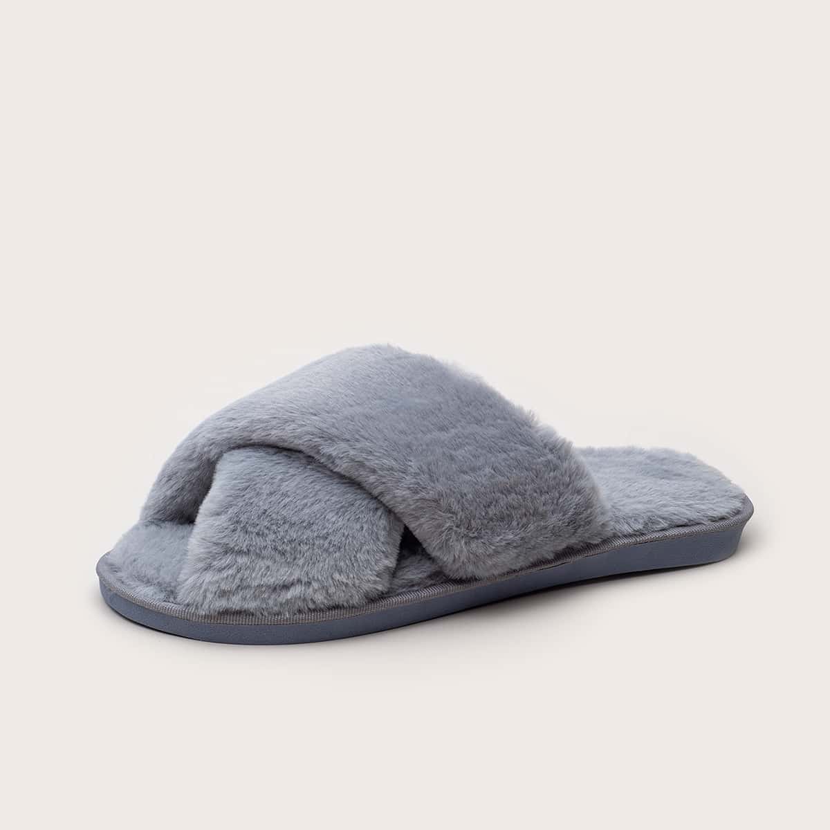 

Criss Cross Fluffy Slippers, Grey