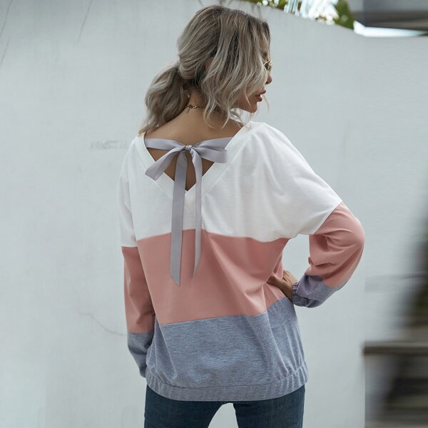 

Tie Back Colorblock Batwing Sleeve Sweatshirt, Multicolor