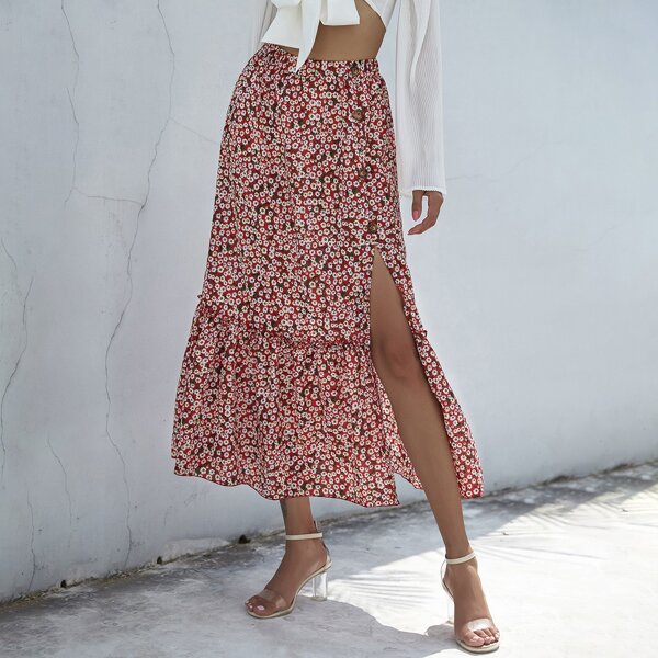 

Ditsy Floral Frill Ruffle Hem Split Thigh Skirt, Multicolor