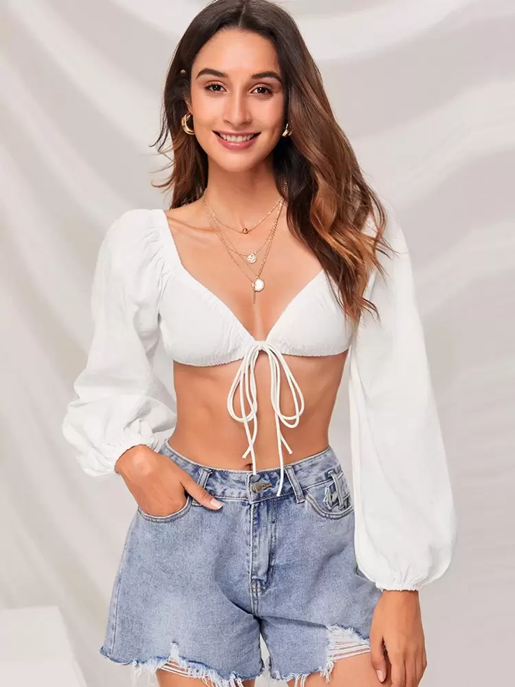 Soleia Lantern Sleeve Knot Front Crop Top - White - View 3