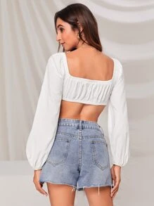 Soleia Blouson Sleeve Knot Front Crop Top - White - View 2