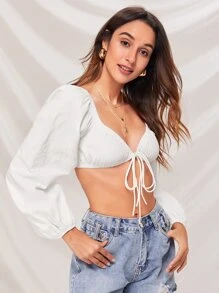 Soleia Blouson Sleeve Knot Front Crop Top - White - View 1
