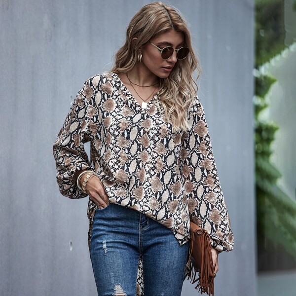 

Snakeskin Print High Low Blouse, Multicolor