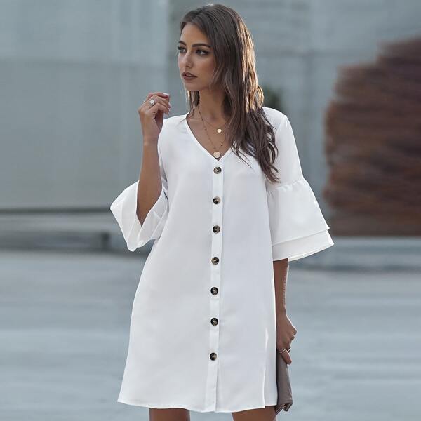 

Flounce Sleeve Button Up Tunic Dress, White