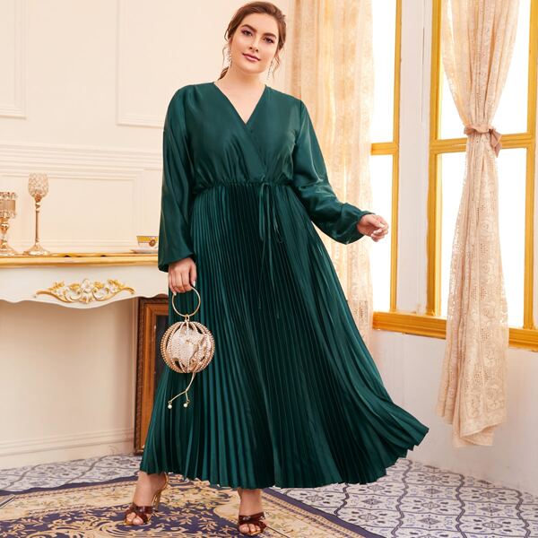 

Plus Satin Knot Pleated Dress, Dark green