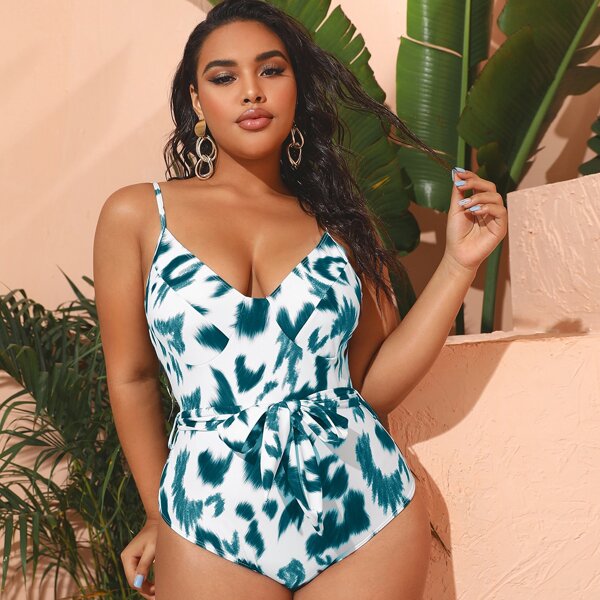 

Plus Brush Print Knot Front One Piece Swimsuit, Blue and white