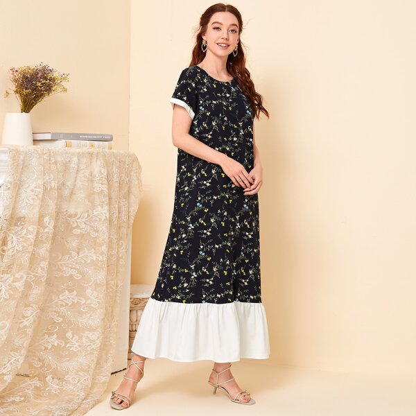 

Plants Print Ruffle Hem Smock Dress, Navy blue