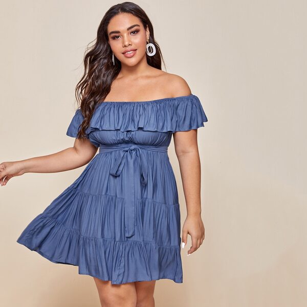 

Plus Off Shoulder Ruffle Trim Belted Denim Dress, Medium wash