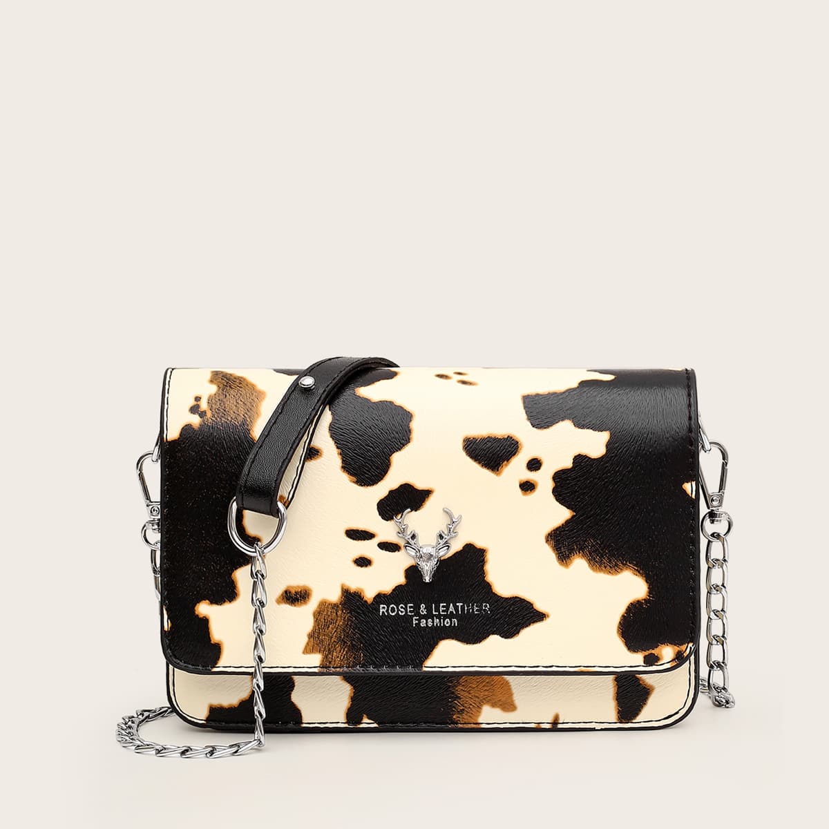 

Cow Pattern Flap Crossbody Bag, Black