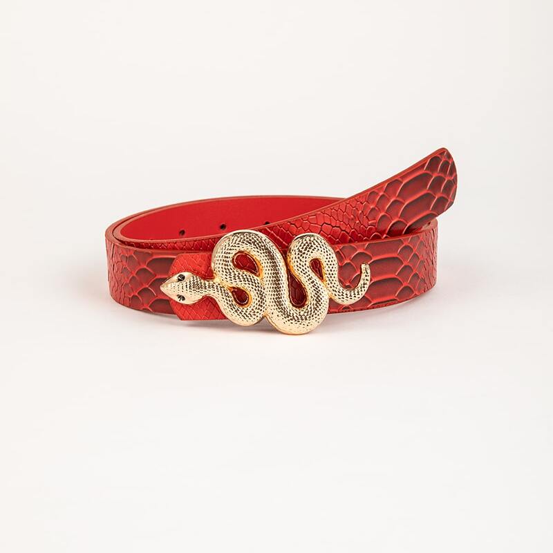 

Serpentine Decor Snakeskin Print Belt, Red