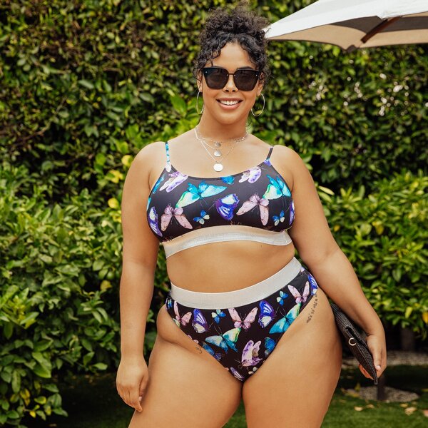 

Plus Butterfly Print High Waisted Bikini Swimsuit, Multicolor