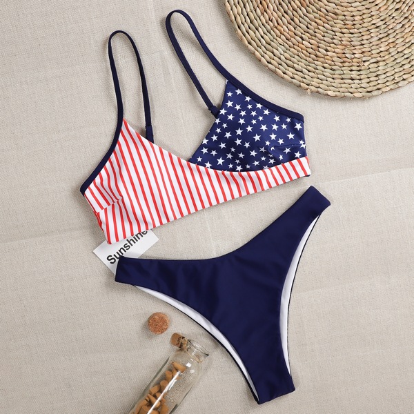 

American Flag Print Surplice Neck Bikini Swimsuit, Multicolor