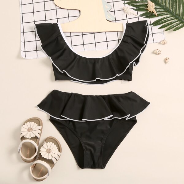 

Girls Contrast Binding Flounce Bikini Swimsuit, Black