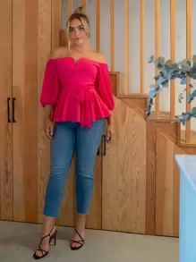 SHEIN Privé Plus Notched Off Shoulder Belted Peplum Top - Hot Pink - View 4