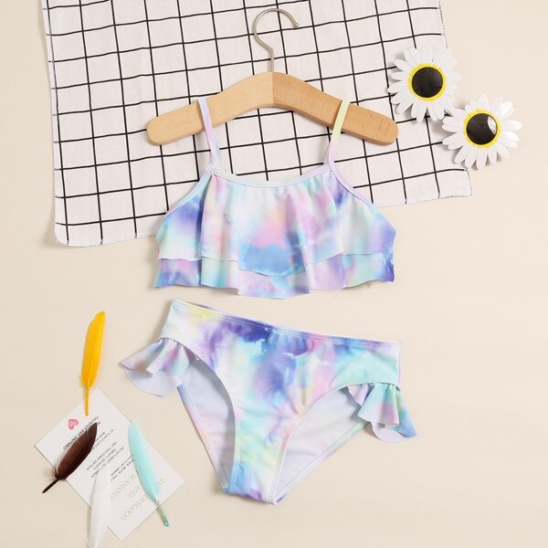 

Girls Tie Dye Tiered Layer Bikini Swimsuit, Multicolor