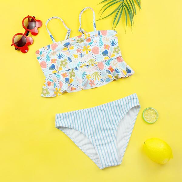 

Girls Plant & Striped Ruffle Hem Bikini Swimsuit, Multicolor