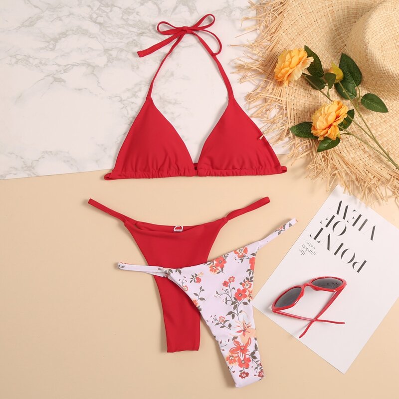

3pack Floral Triangle Thong Bikini Swimsuit, Red