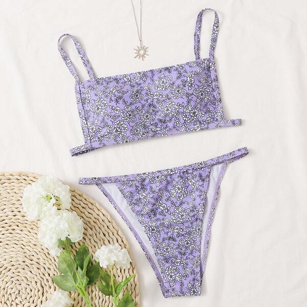 

Ditsy Floral Thong Bikini Swimsuit, Pastel lilac purple