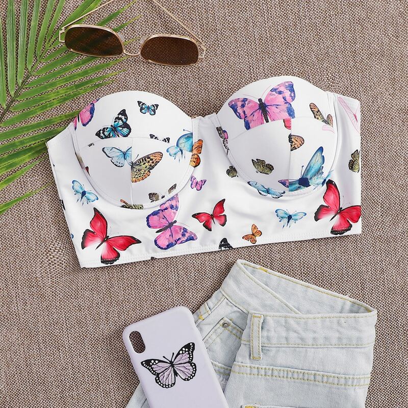 

Butterfly Print Push Up Bandeau Bikini Top, Multicolor