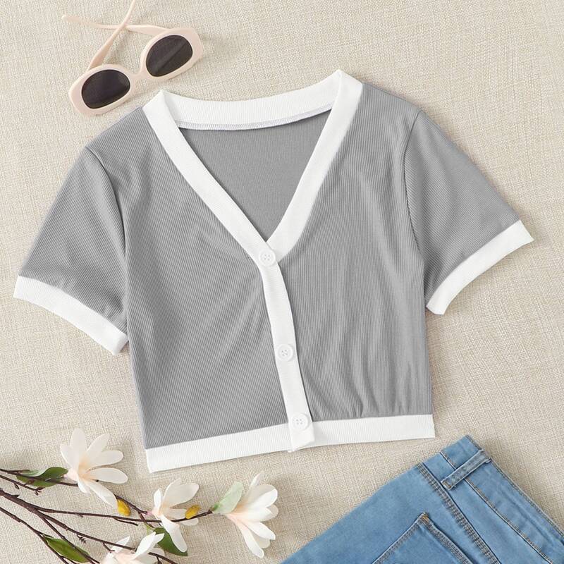 

Button Front Crop Top, Grey