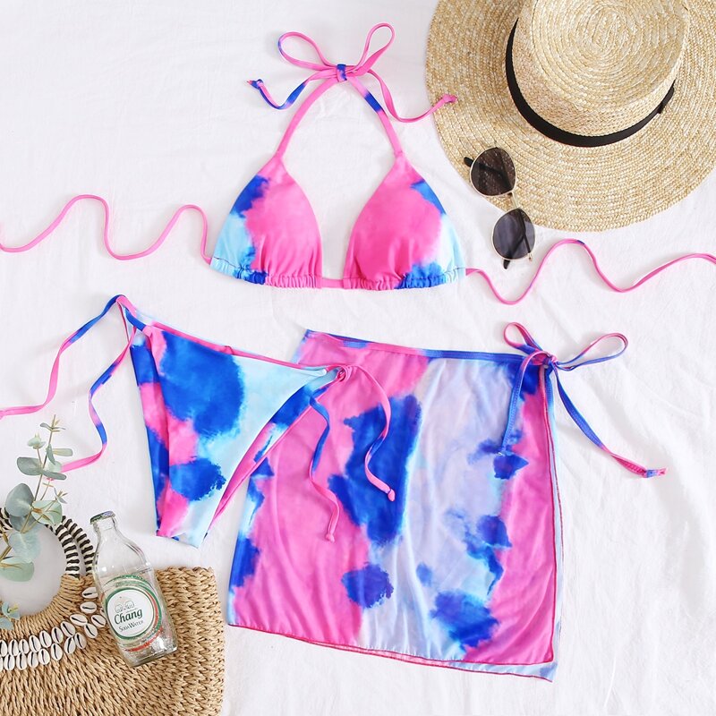 

3pack Tie Dye Triangle Bikini Swimsuit & Beach Skirt, Multicolor