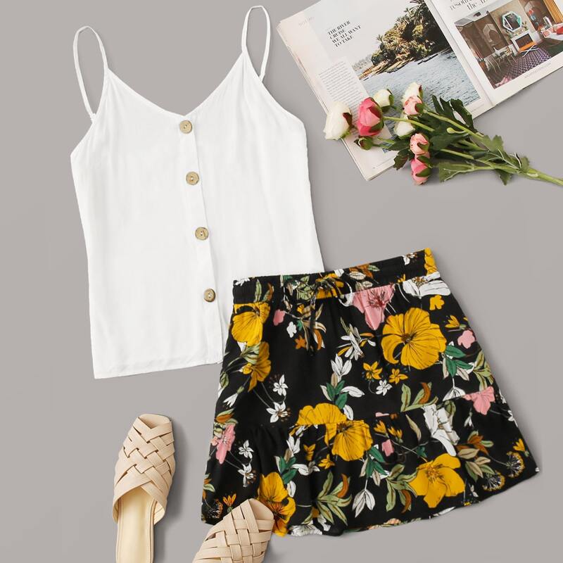 

Button Front Cami Top & Tie Waist Floral Skirt Set, Multicolor