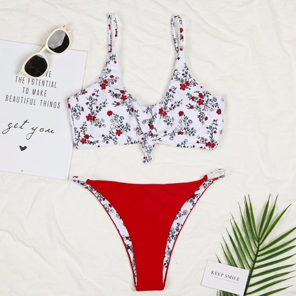

Floral Knot Hem Thong Bikini Swimsuit, Multicolor