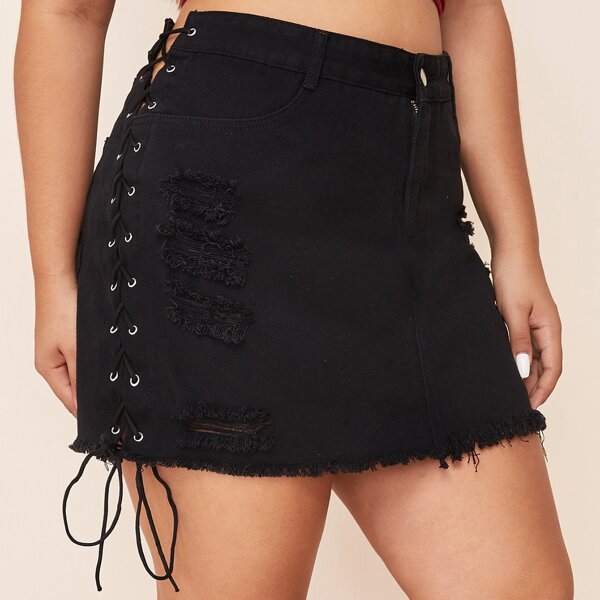 

Plus Lace Up Side Raw Hem Ripped Denim Skirt, Black