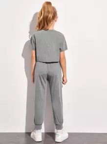 SHEIN Girls Letter Graphic Top & Contrast Sideseam Joggers Set - Grey - View 2
