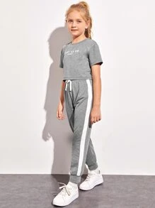 SHEIN Girls Letter Graphic Top & Contrast Sideseam Joggers Set - Grey - View 3